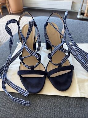 J.Crew Lace-Up Navy Gingham Block Heel Sandals, Sz 12
